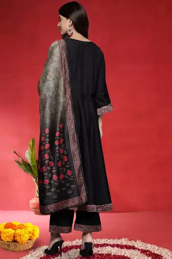 Floral Yoke Design Empire Sequinned Anarkali Kurta With Trouser And Dupatta