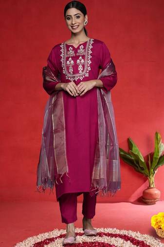 Women Ethnic Motifs Embroidered Kurta with Trouser & Dupatta
