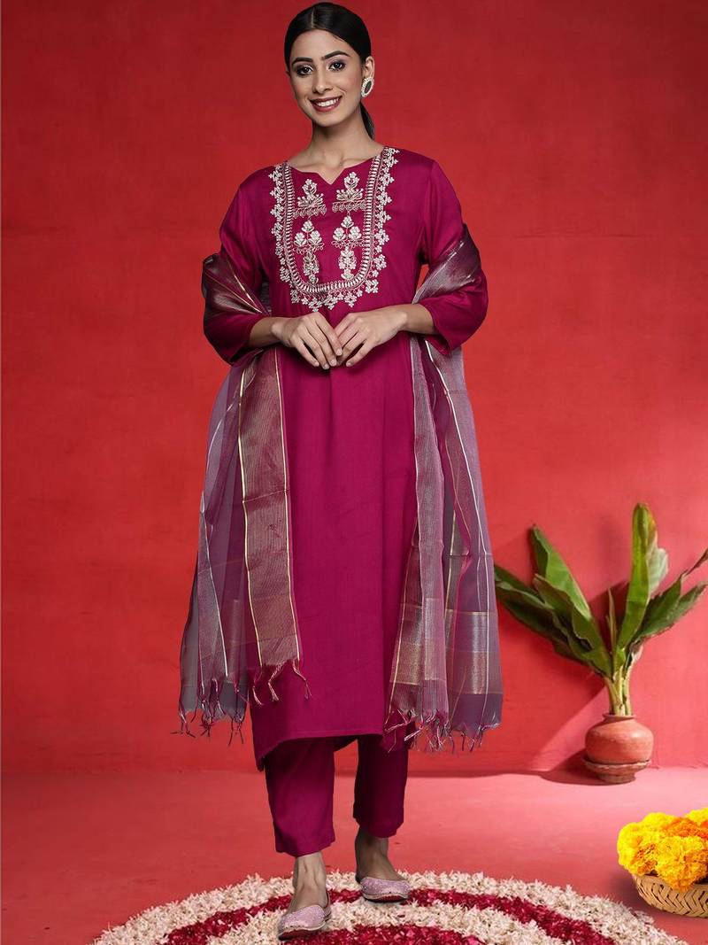 Women Ethnic Motifs Embroidered Kurta with Trouser & Dupatta