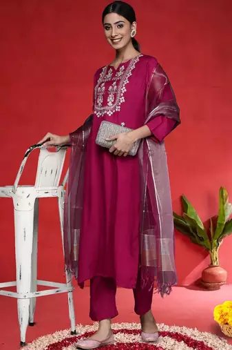 Women Ethnic Motifs Embroidered Kurta with Trouser & Dupatta