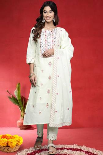 Women Ethnic Motifs Embroidered Pure Cotton Kurta with Trouser & Dupatta