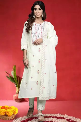 Women Ethnic Motifs Embroidered Pure Cotton Kurta with Trouser & Dupatta