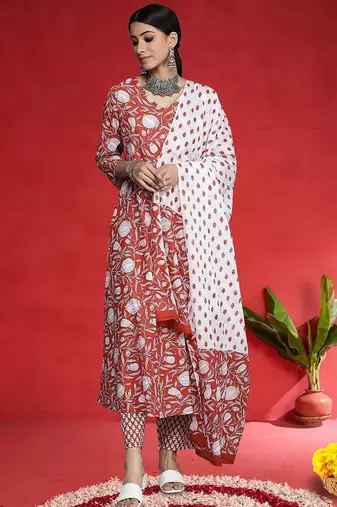 Women Floral Printed Anakali Pure Cotton Kurta with Trousers & Dupatta