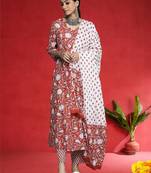 Women Floral Printed Anakali Pure Cotton Kurta with Trousers & Dupatta
