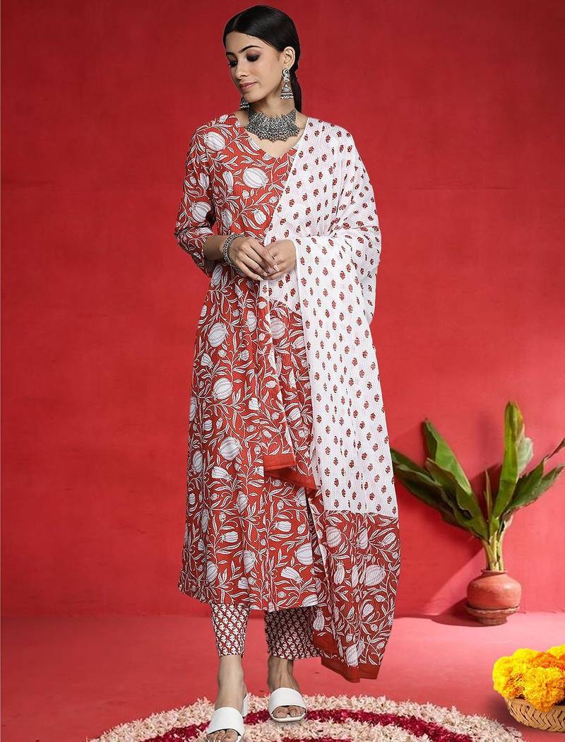 Women Floral Printed Anakali Pure Cotton Kurta with Trousers & Dupatta