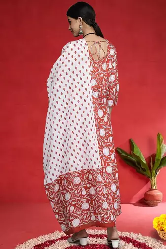 Women Floral Printed Anakali Pure Cotton Kurta with Trousers & Dupatta