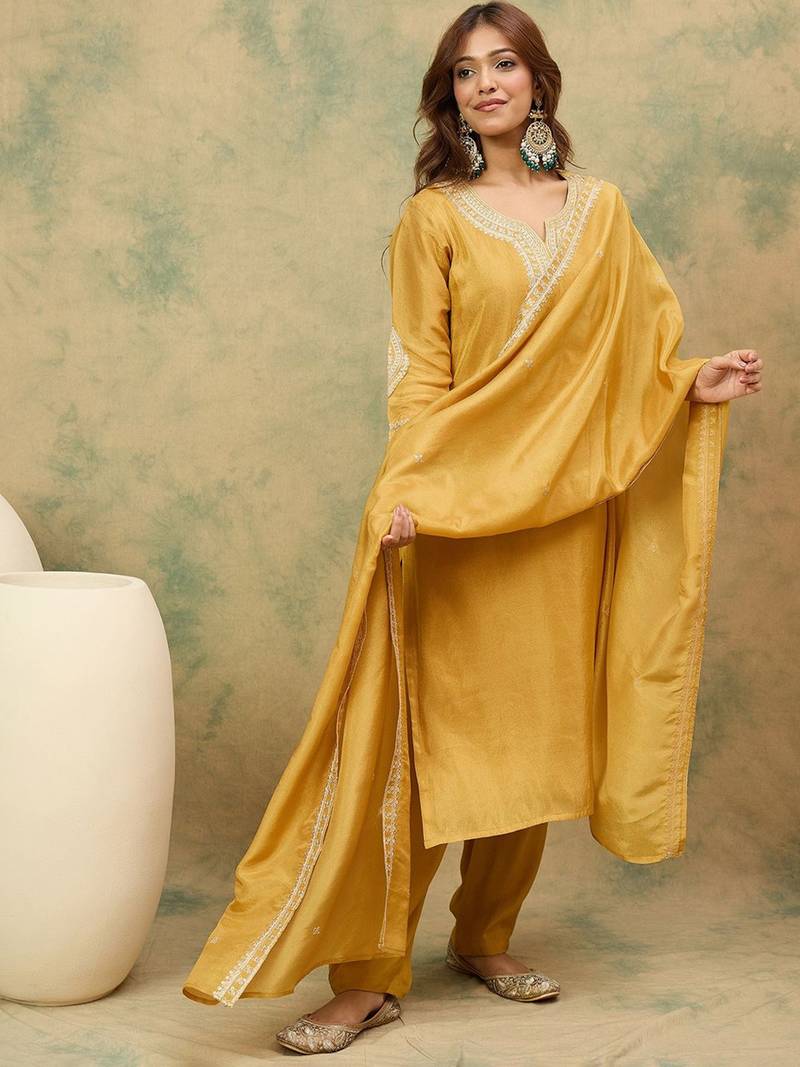 Women Ethnic Motifs Yoke Design Zari Straight Kurta with Trousers & Dupatta