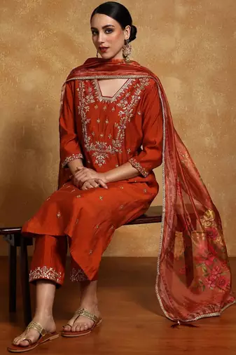 Floral Embroidered V- Neck Straight Kurta With Trousers & Dupatta