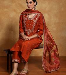 Floral Embroidered V- Neck Straight Kurta With Trousers & Dupatta