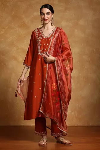 Floral Embroidered V- Neck Straight Kurta With Trousers & Dupatta