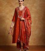 Floral Embroidered V- Neck Straight Kurta With Trousers & Dupatta