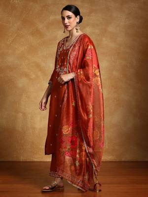Floral Embroidered V- Neck Straight Kurta With Trousers & Dupatta 4