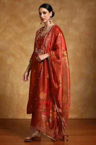 Floral Embroidered V- Neck Straight Kurta With Trousers & Dupatta