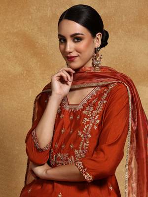 Floral Embroidered V- Neck Straight Kurta With Trousers & Dupatta 6