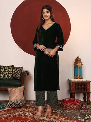 V-Neck Flared Sleeves Gotta Patti Velvet Straight Kurta With Trousers 1