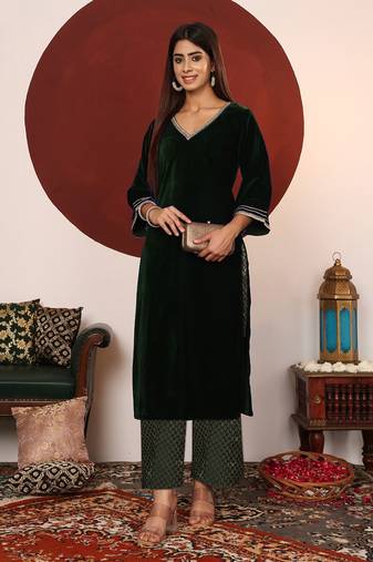 V-Neck Flared Sleeves Gotta Patti Velvet Straight Kurta With Trousers