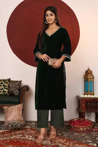V-Neck Flared Sleeves Gotta Patti Velvet Straight Kurta With Trousers