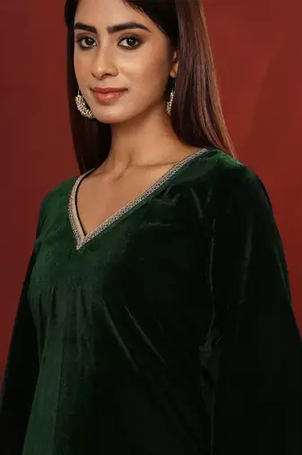V-Neck Flared Sleeves Gotta Patti Velvet Straight Kurta With Trousers