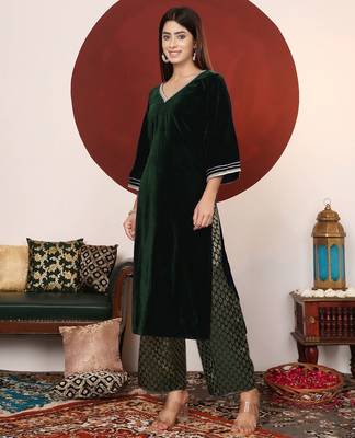 V-Neck Flared Sleeves Gotta Patti Velvet Straight Kurta With Trousers 4