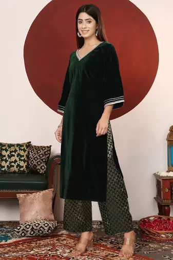 V-Neck Flared Sleeves Gotta Patti Velvet Straight Kurta With Trousers