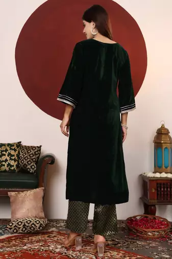 V-Neck Flared Sleeves Gotta Patti Velvet Straight Kurta With Trousers