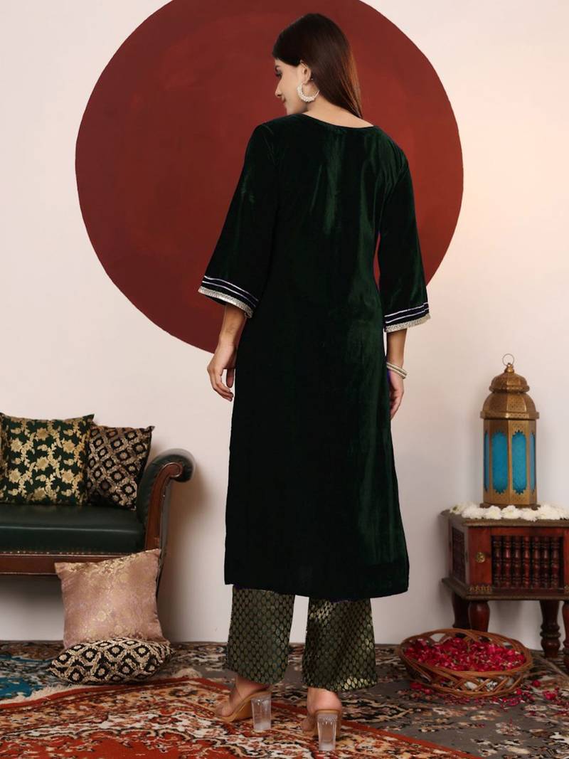 V-Neck Flared Sleeves Gotta Patti Velvet Straight Kurta With Trousers