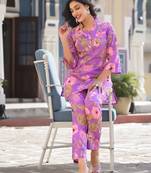 Lavendar Floral Printed Mandarin Collar Straight Pure Cotton Kurta With Trousers