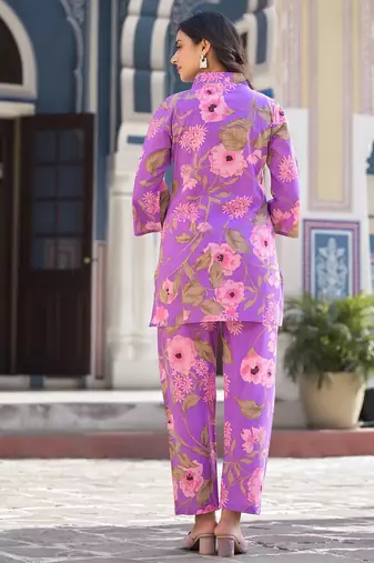 Lavendar Floral Printed Mandarin Collar Straight Pure Cotton Kurta With Trousers