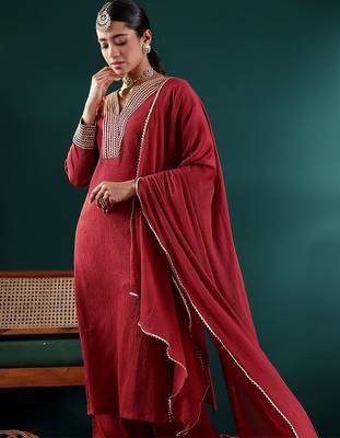 Maroon V-Neck Regular Gotta Patti Silk Crepe Kurta With Trouser With Dupatta 1