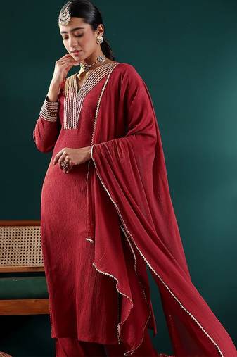 Maroon V-Neck Regular Gotta Patti Silk Crepe Kurta With Trouser With Dupatta
