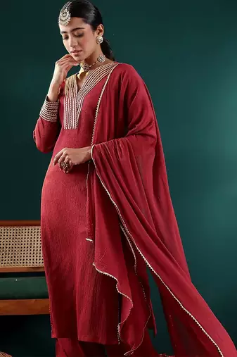 Maroon V-Neck Regular Gotta Patti Silk Crepe Kurta With Trouser With Dupatta