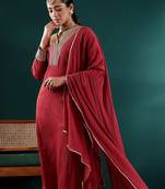 Maroon V-Neck Regular Gotta Patti Silk Crepe Kurta With Trouser With Dupatta