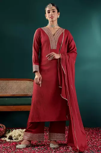 Maroon V-Neck Regular Gotta Patti Silk Crepe Kurta With Trouser With Dupatta