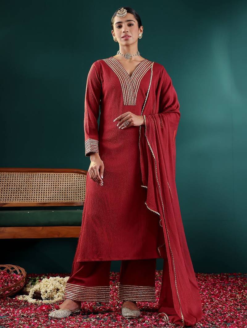 Maroon V-Neck Regular Gotta Patti Silk Crepe Kurta With Trouser With Dupatta