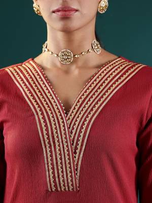 Maroon V-Neck Regular Gotta Patti Silk Crepe Kurta With Trouser With Dupatta 3