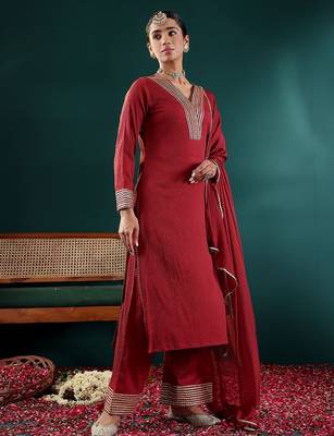 Maroon V-Neck Regular Gotta Patti Silk Crepe Kurta With Trouser With Dupatta 6