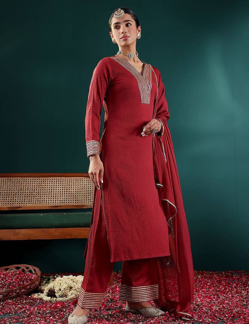 Maroon V-Neck Regular Gotta Patti Silk Crepe Kurta With Trouser With Dupatta