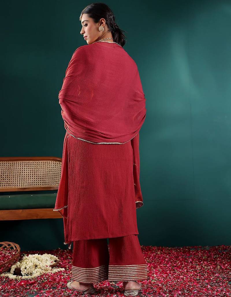 Maroon V-Neck Regular Gotta Patti Silk Crepe Kurta With Trouser With Dupatta