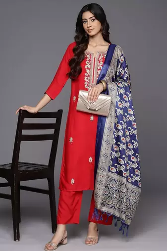 Red Paisley Embroidered Regular Straight Kurta With Trouser With Dupatta