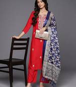 Red Paisley Embroidered Regular Straight Kurta With Trouser With Dupatta