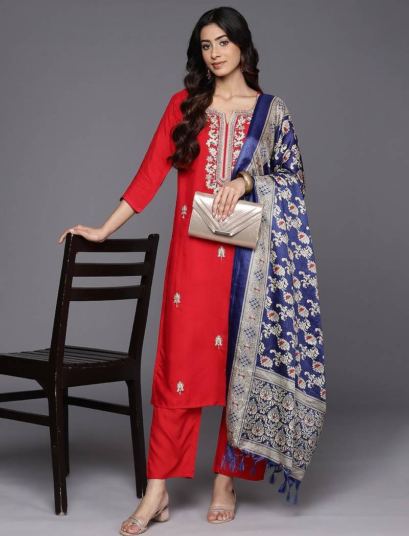 Red Paisley Embroidered Regular Straight Kurta With Trouser With Dupatta