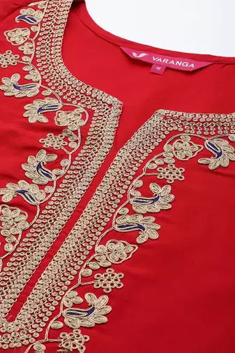 Red Paisley Embroidered Regular Straight Kurta With Trouser With Dupatta