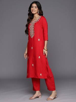 Red Paisley Embroidered Regular Straight Kurta With Trouser With Dupatta 5
