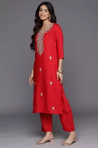 Red Paisley Embroidered Regular Straight Kurta With Trouser With Dupatta