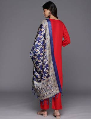 Red Paisley Embroidered Regular Straight Kurta With Trouser With Dupatta 6