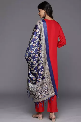 Red Paisley Embroidered Regular Straight Kurta With Trouser With Dupatta