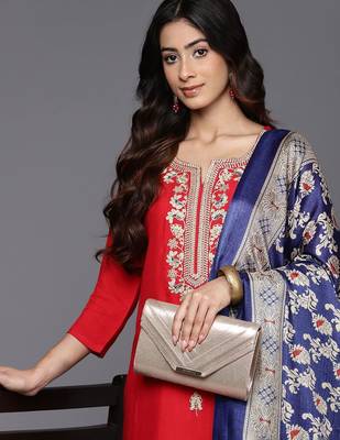 Red Paisley Embroidered Regular Straight Kurta With Trouser With Dupatta 7