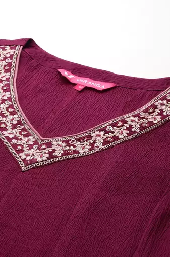 Floral Yoke Design Zari Pleated Kurta With Trousers & Dupatta