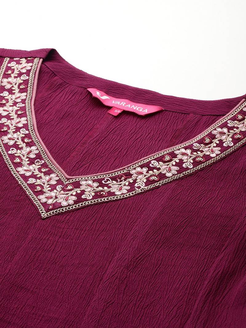 Floral Yoke Design Zari Pleated Kurta With Trousers & Dupatta