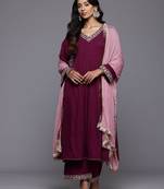 Floral Yoke Design Zari Pleated Kurta With Trousers & Dupatta